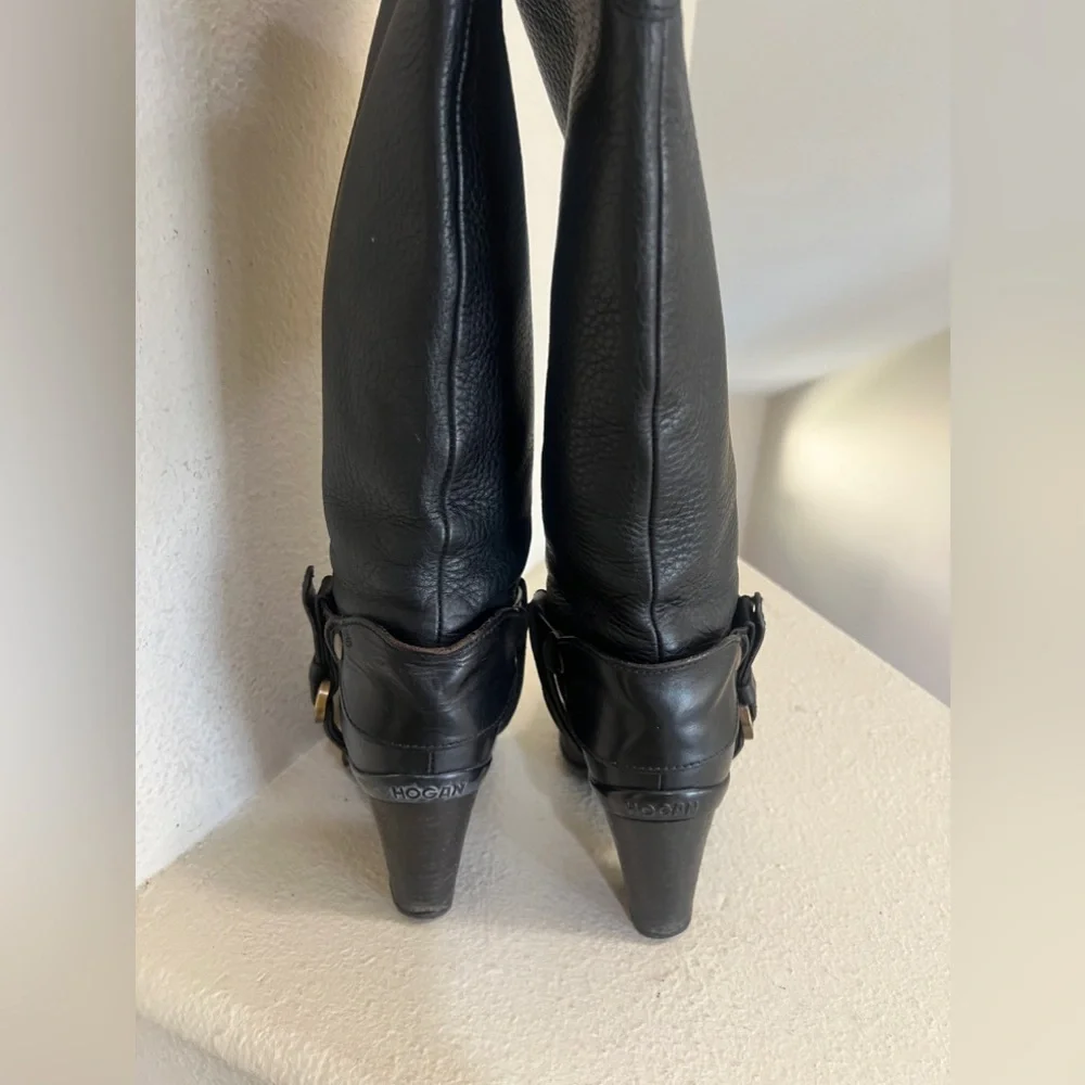 Hogan Womens Leather Buckle Detail Black Round‎ Toe Knee High Boots size 37